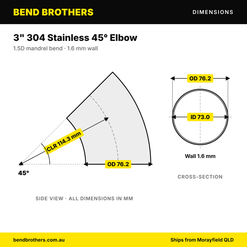 Load image into Gallery viewer, 3" 304 Stainless 45° Elbow – dimensions
