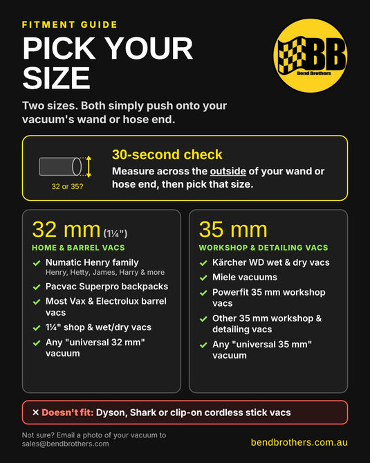 Fitment guide: pick 32 mm or 35 mm crevice tool to suit your vacuum wand or hose