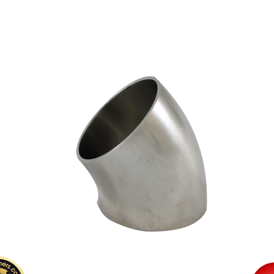 A 4.5 inch (114.3mm) diameter 45 degree angle stainless steel elbow pipe bend with a visible wall thickness and radius.